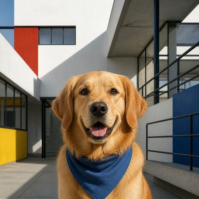 portrait of a golden retriever wearing a blue bandana, warm plain backdrop, no text
