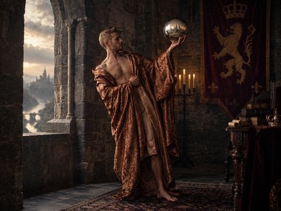 a man in a robe holding a silver ball