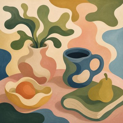 still life with everyday objects — Biomorphic Shapes Art Style