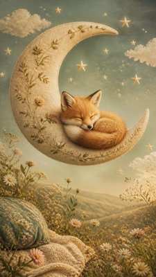 a sleeping baby fox curled on a crescent moon among soft stars, gentle and warm, no text