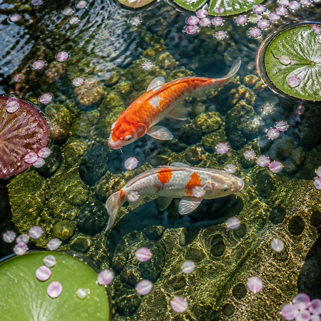 A koi pond seen from above, orange and white koi fish swimming among lily pads, clear water with subtle ripples, fallen cherry blossom petals floating on the surface, dappled sunlight