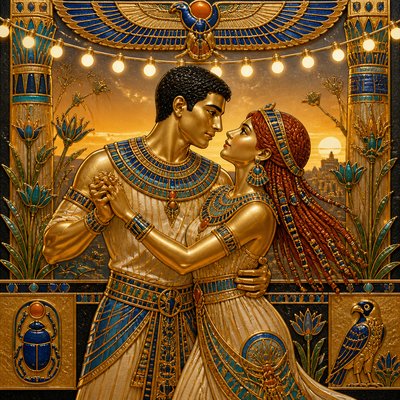 an original couple dancing under string lights in a garden at dusk: a man with short black hair in a linen shirt and a woman with braided red hair in a summer dress