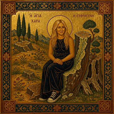 a painting of a woman sitting on a tree stump