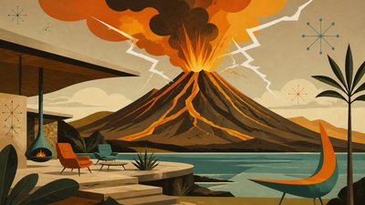 an erupting volcano with lightning strikes, dramatic wide composition, no text