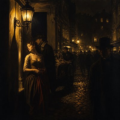 urban street with city activity — Chiaroscuro Painting Style