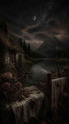 a tranquil mountain lake beneath a starry night sky, no people, no text