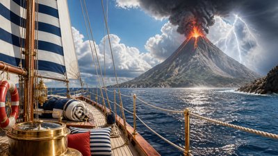 an erupting volcano with lightning strikes, dramatic wide composition, no text