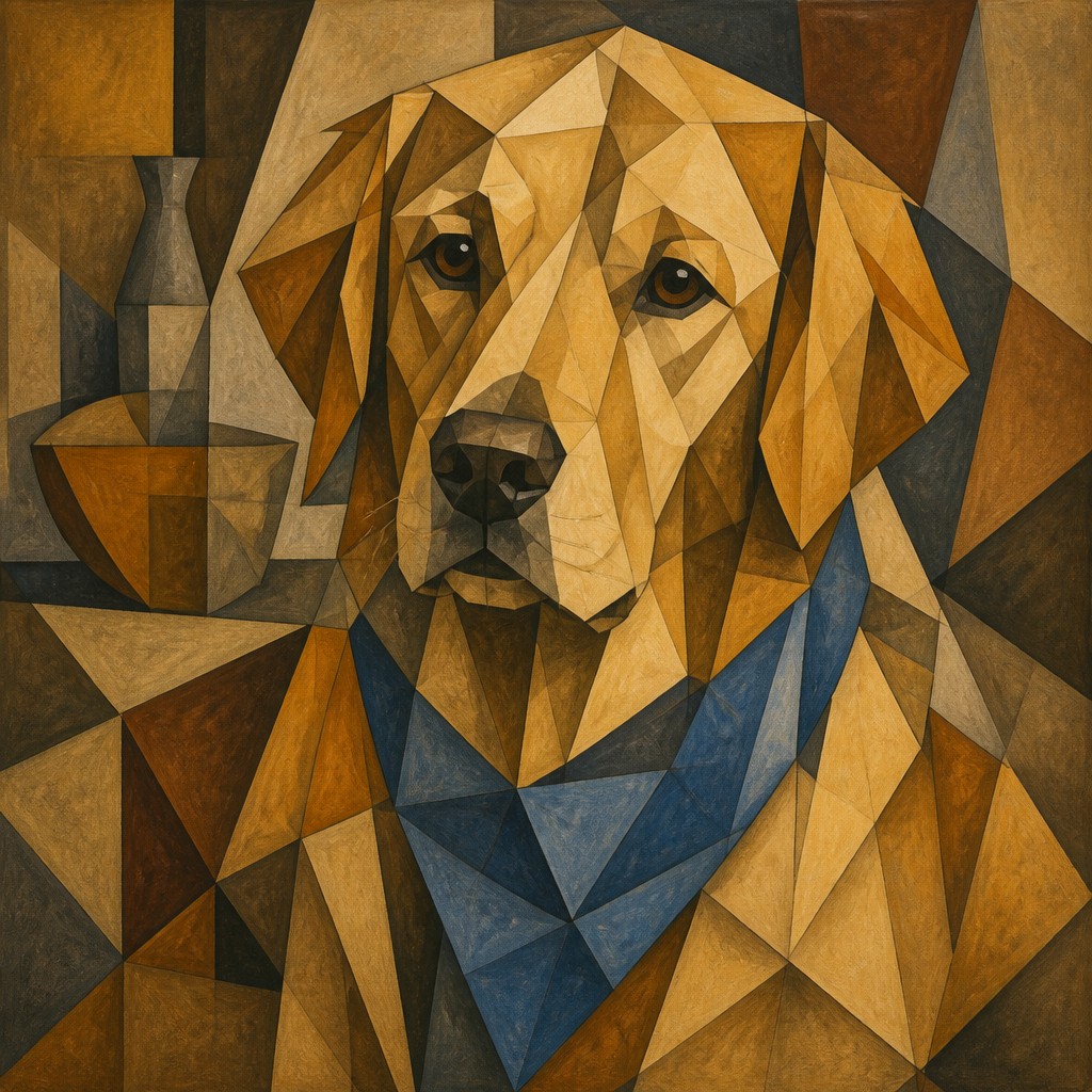portrait of a golden retriever wearing a blue bandana, warm plain backdrop, no text