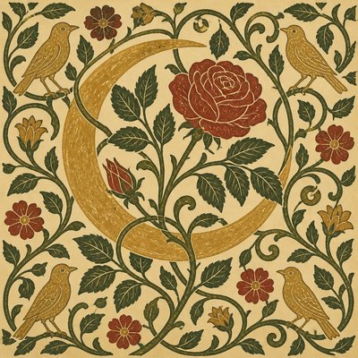 a rose entwined with a crescent moon, clean balanced composition on a plain background, no text