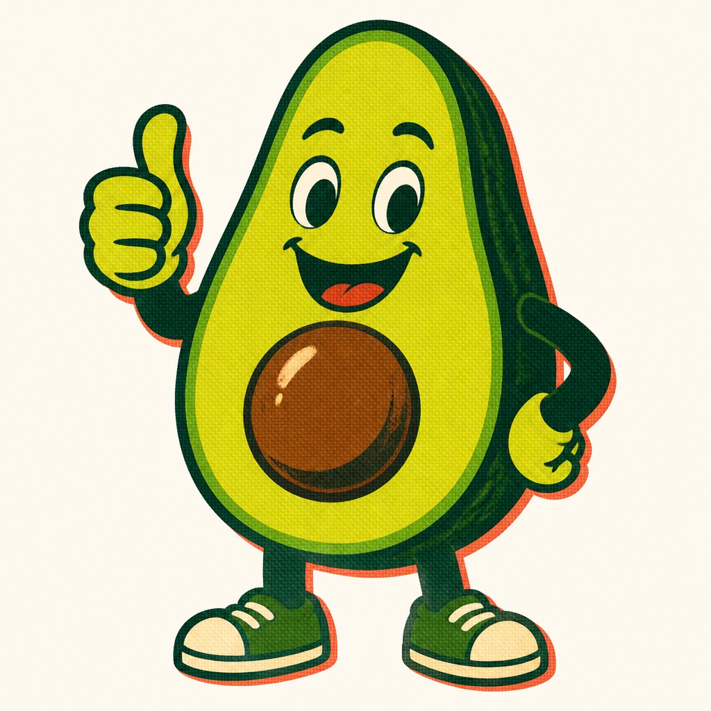 a happy avocado character giving a thumbs up, bold readable design on a plain background, no text