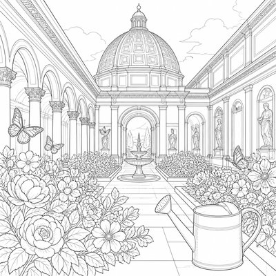 a garden scene with butterflies, flowers and a watering can, clean uncolored line art, no text