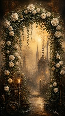 an arch of white roses and eucalyptus in soft morning light, elegant vertical composition with open space, no text