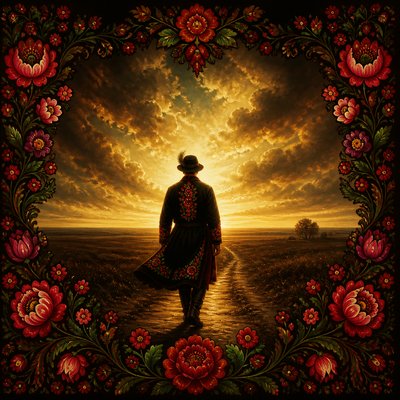 a solitary figure walking toward a glowing horizon across an empty plain, moody atmosphere, no text or lettering