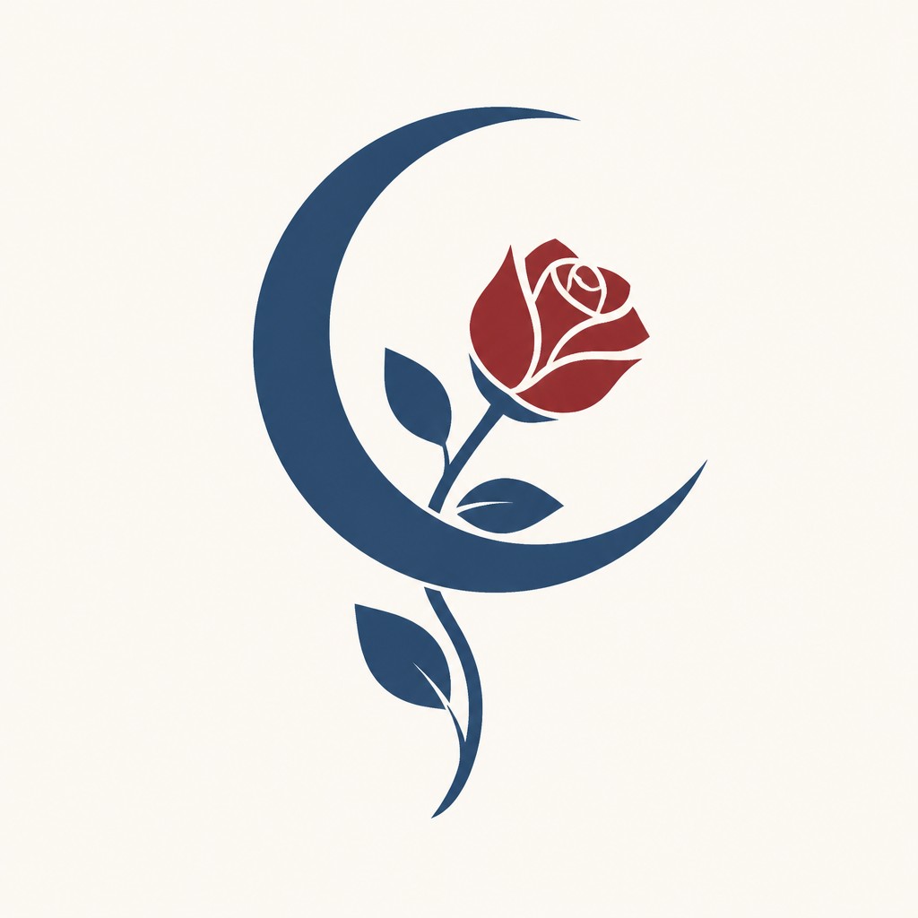 a rose entwined with a crescent moon, clean balanced composition on a plain background, no text