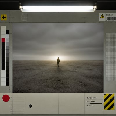 a solitary figure walking toward a glowing horizon across an empty plain, moody atmosphere, no text or lettering