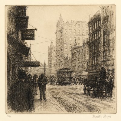 urban street with city activity — Etching Print Style