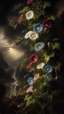 a climbing vine of flowers and hummingbirds on a dark background, tall wrapping composition, no text