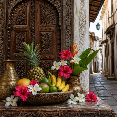 still life arrangement of fruits and flowers