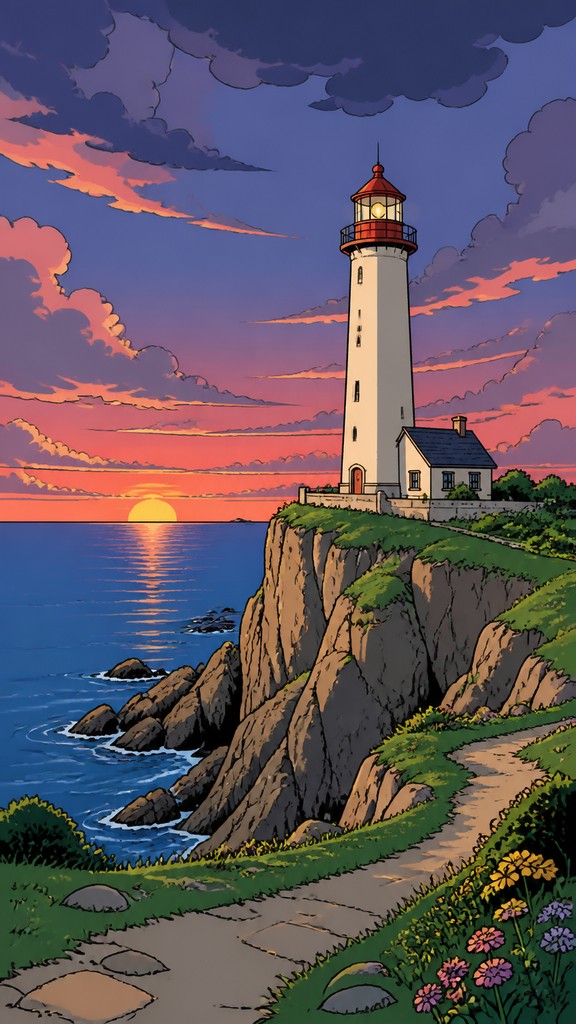 a lone lighthouse on a cliff at dusk under a dramatic sky, no text or lettering