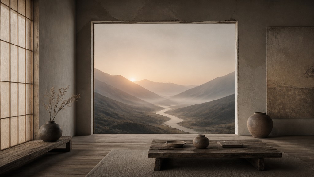 a vast valley with a river winding toward distant mountains at sunrise, no people, no text