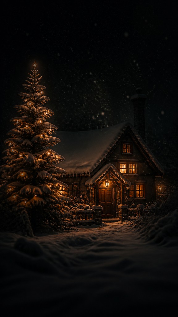 a snow-covered cottage with warm glowing windows beside a decorated pine tree, gentle snowfall, no text