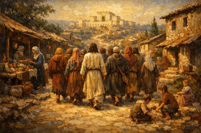 First century Palestine.  Jesus walks away from the camera along a road that goes through town with several of His disciples.   Jesus wears a plain robe like most ordinary men.  The other people are dressed like peasants, farmers, and tradesmen.  There are also women in the group, wearing plain, everyday clothing.  Some children are playing near the roadside.  Merchants are selling their goods in booths along the road.  There are houses along the road also.  The road goes upward toward the Temple in the far distance.