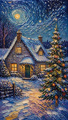 a snow-covered cottage with warm glowing windows beside a decorated pine tree, gentle snowfall, no text