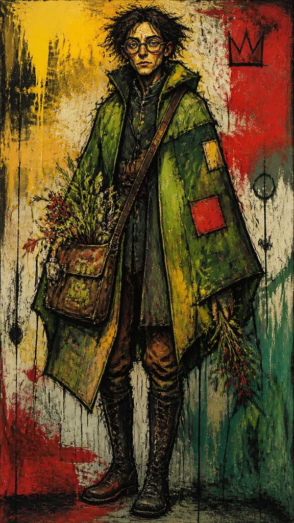 full-body original character: a wandering botanist with a satchel of plants, a patched green cloak, tall boots and round glasses, neutral background