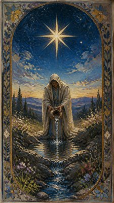a robed figure pouring water beneath a large eight-pointed star in a night sky, symmetrical composition with an ornate decorative border, no text