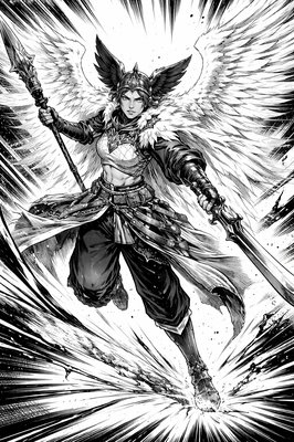 a black and white drawing of an angel holding a sword