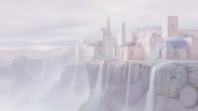 a cliffside city with waterfalls cascading into a misty canyon, wide establishing shot, no people, no text