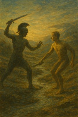 a painting of a man holding a sword next to a naked man