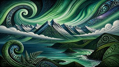 a flowing aurora over snowy peaks, wide sweeping composition, no people, no text