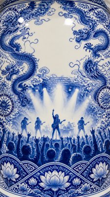 a live music scene with a glowing stage and silhouetted crowd, energetic vertical composition with open space at the top, no text