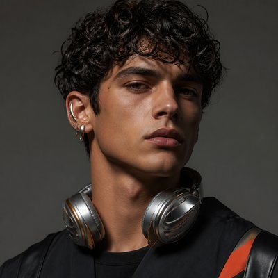 head-and-shoulders portrait of an original character: a young man with curly dark hair and headphones around his neck, plain backdrop, no text