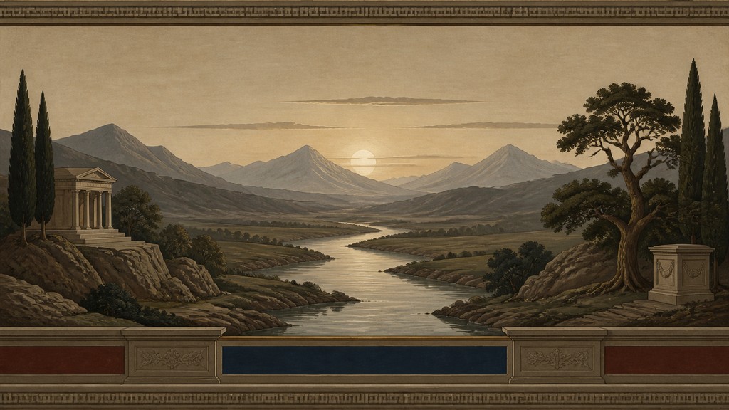 a vast valley with a river winding toward distant mountains at sunrise, no people, no text