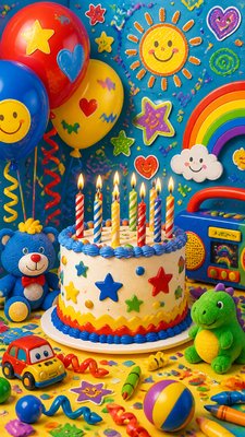 a birthday cake with lit candles surrounded by balloons and confetti, festive vertical composition, no text