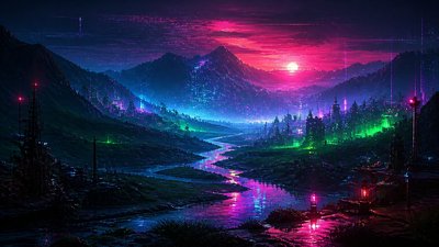 a vast valley with a river winding toward distant mountains at sunrise, no people, no text