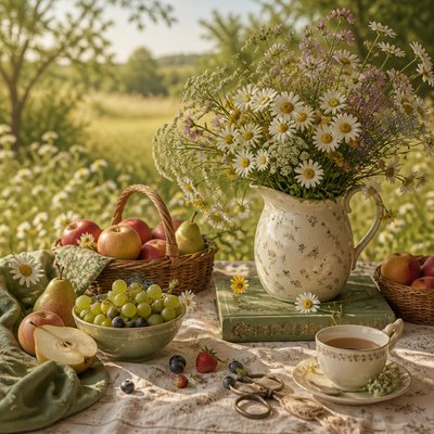 still life arrangement of fruits and flowers