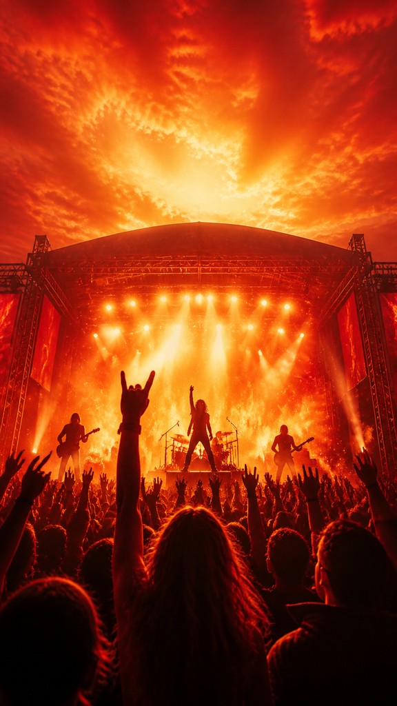 a live music scene with a glowing stage and silhouetted crowd, energetic vertical composition with open space at the top, no text