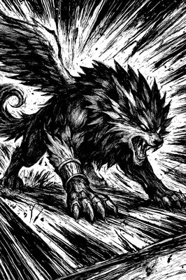 a black and white drawing of a demon