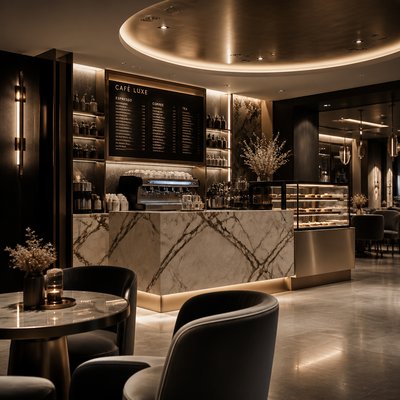 cozy cafe interior with warm lighting
