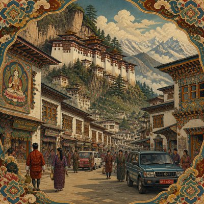 urban street with city activity — Bhutanese Art Style