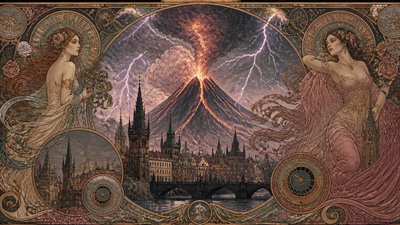 an erupting volcano with lightning strikes, dramatic wide composition, no text