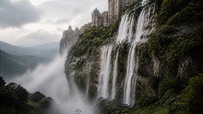 a cliffside city with waterfalls cascading into a misty canyon, wide establishing shot, no people, no text