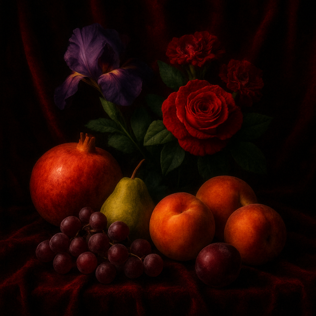still life arrangement of fruits and flowers

