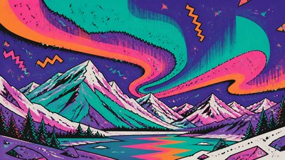 a flowing aurora over snowy peaks, wide sweeping composition, no people, no text