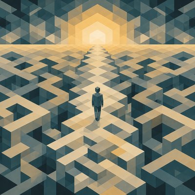 a solitary figure walking toward a glowing horizon across an empty plain, moody atmosphere, no text or lettering