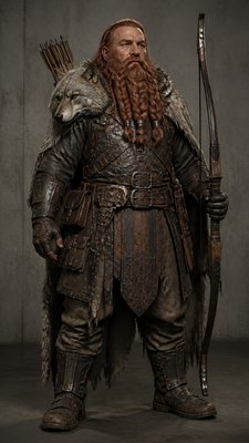 full-body original character: a dwarven ranger with a braided auburn beard, worn leather armor, a longbow and a wolf-pelt cloak, neutral background, no text