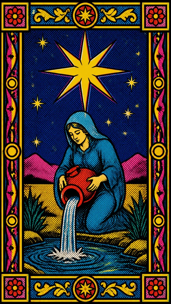 a robed figure pouring water beneath a large eight-pointed star in a night sky, symmetrical composition with an ornate decorative border, no text